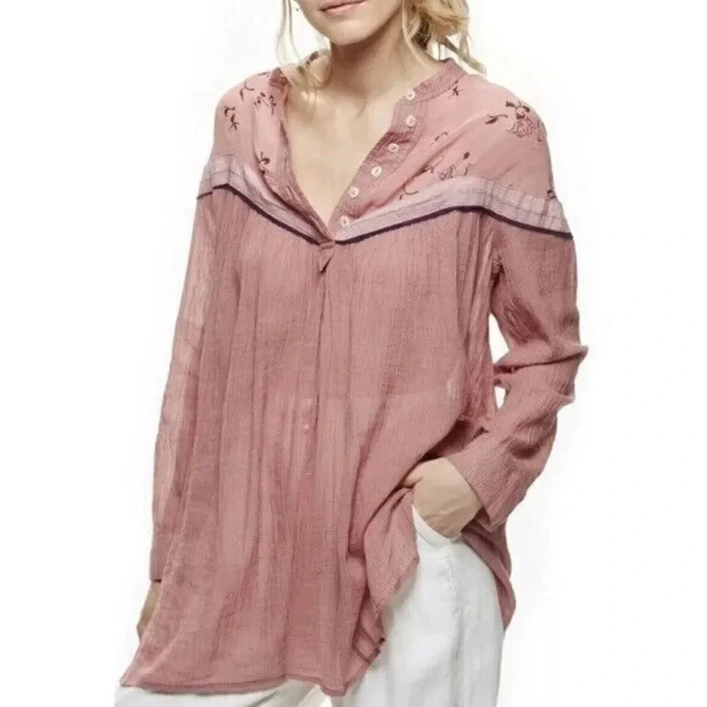 Free People Heart & Colors Pink Button Collar V-Neck Long Sleeve Tunic XS